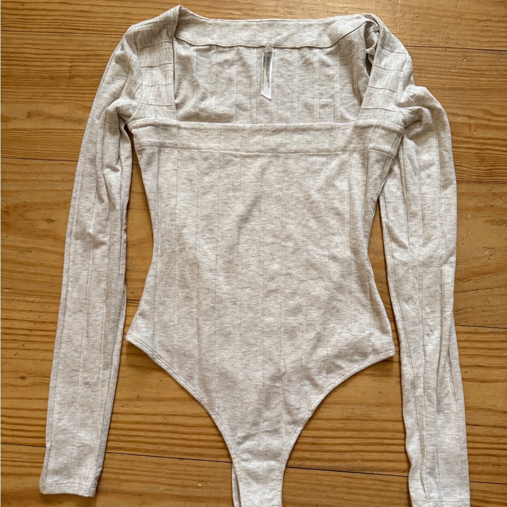 NWOT Free People Beige Stripe Textured Thong Bodysuit with Square Boat Neck